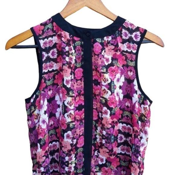 Nicole Tunic Top Sleeveless Button Down Blouse Pansy Floral Pink Black Sz XS - Picture 6 of 12